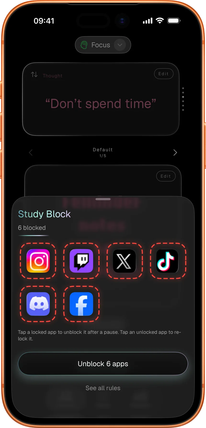 A blocked set of apps, each one tappable to unblock after a pause